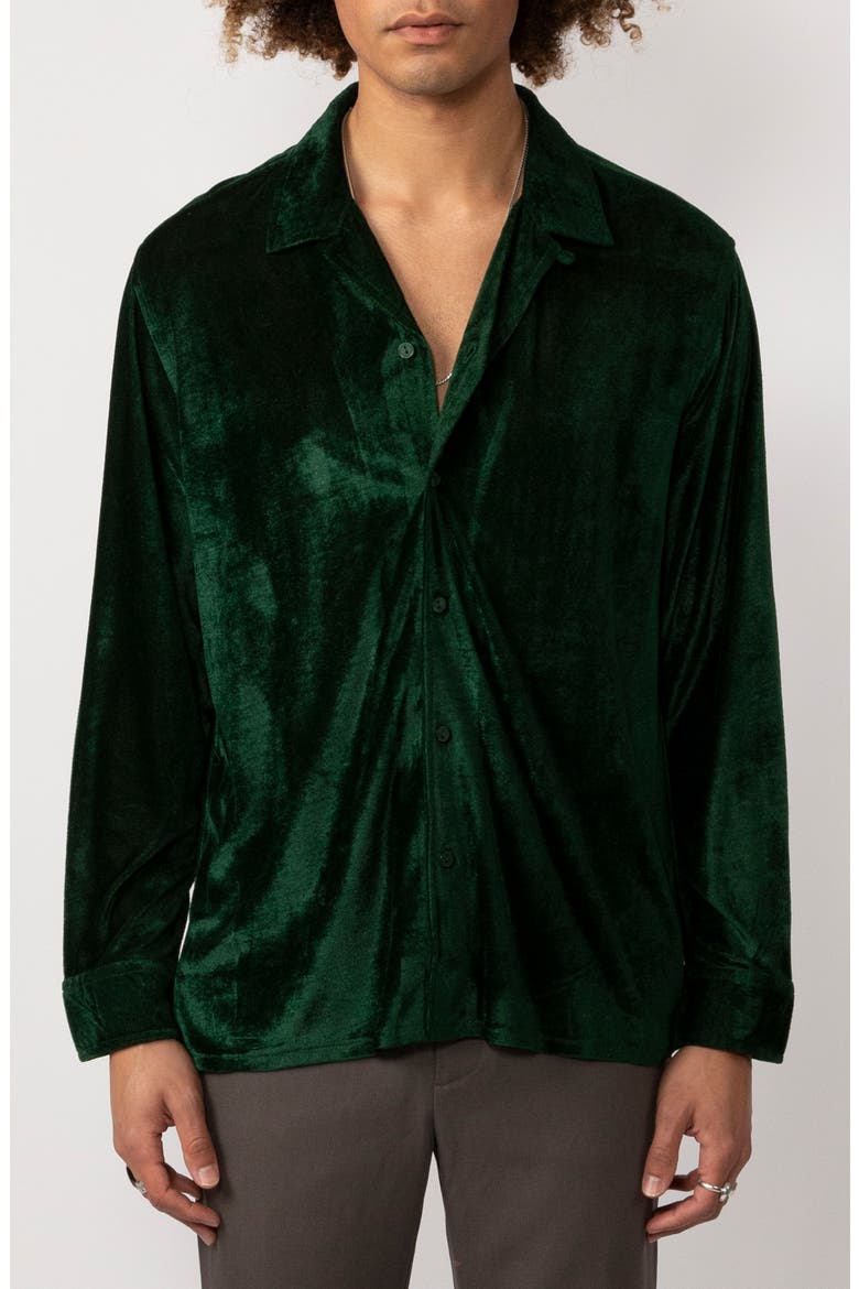 Hemang Velour Button-Up Shirt, Main, color, MOSS