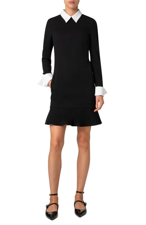 Akris punto Contrast Collar & Cuffs Long Sleeve Wool Dress in Black 