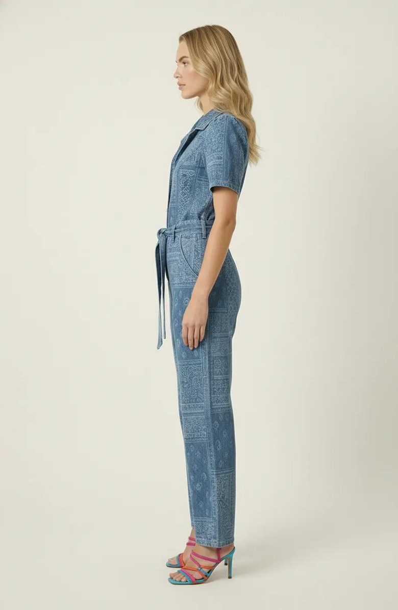 Modenaire Paisley Print Belted Button-Front Jumpsuit, Alternate, color, Mid-Wash Blue Paisley