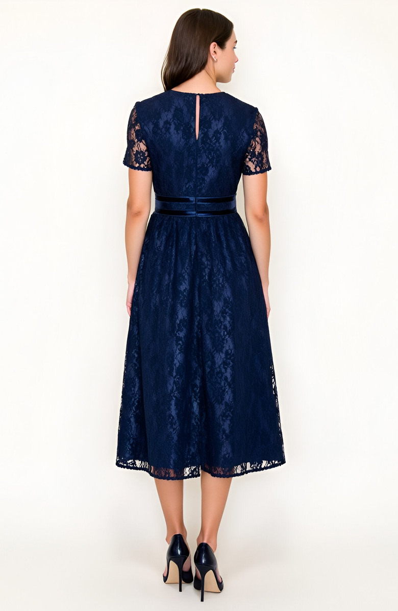 Modenaire Lace Midi Dress with Sheer Short Sleeves and Velvet Waistband Detail, Alternate, color, Navy