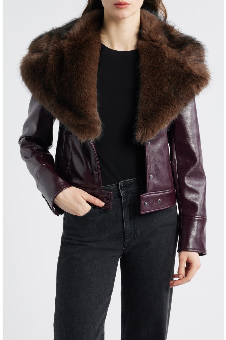 Cleo Faux Fur Collar Faux Leather Crop Jacket, Main, color, MAROON