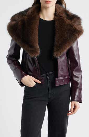 MANGO Cleo Faux Fur Collar Faux Leather Crop Jacket