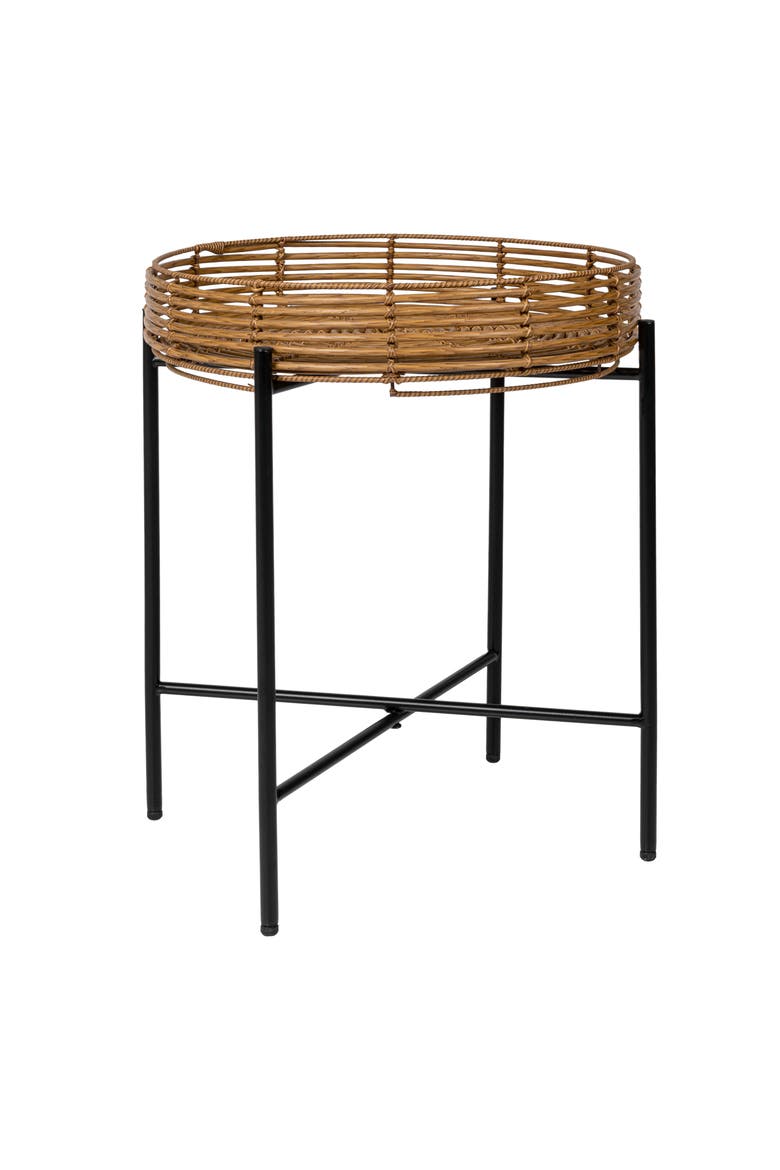 Malia Bohemian Round Faux Tray Top End Table, Woven Accent Side Table with Metal Cross Base for Living Room Bedroom, Main, color, Brown
