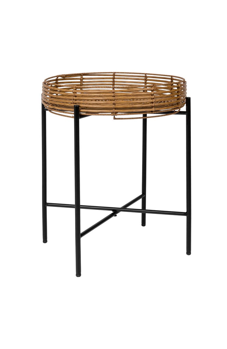 JONATHAN Y Malia 20" Coastal Bohemian Faux Rattan Round Tray End Table with Metal Base, Main, color, Brown