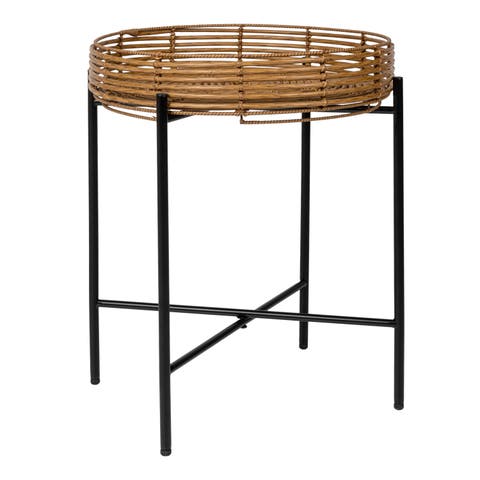 Malia 20" Coastal Bohemian Faux Rattan Round Tray End Table with Metal Base