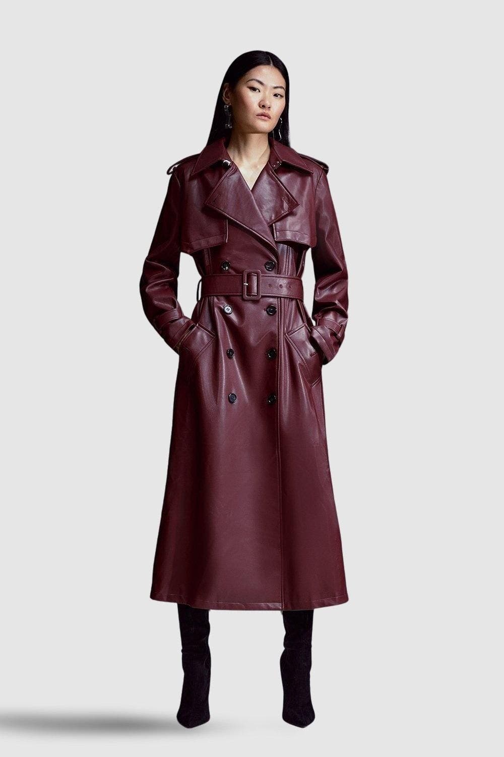 Karen Millen Tailored Faux Leather Belted Trench Coat In Brown