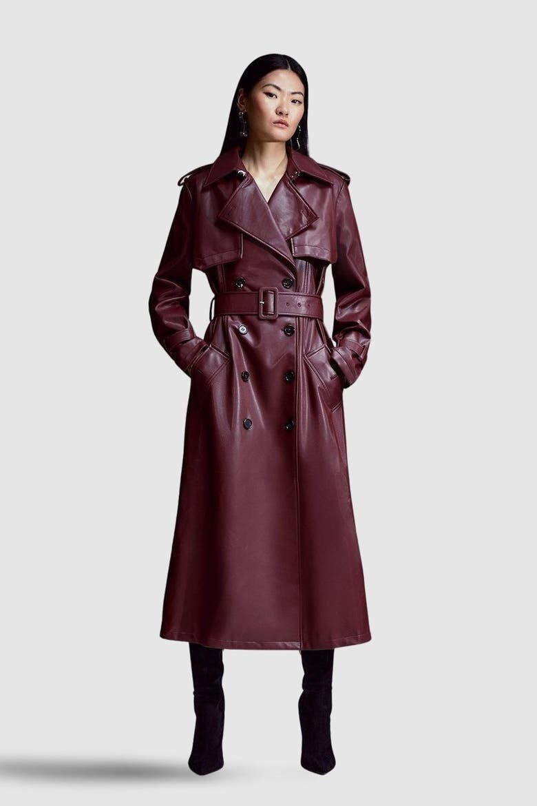 Tailored Faux Leather Belted Trench Coat, Main, color, Oxblood