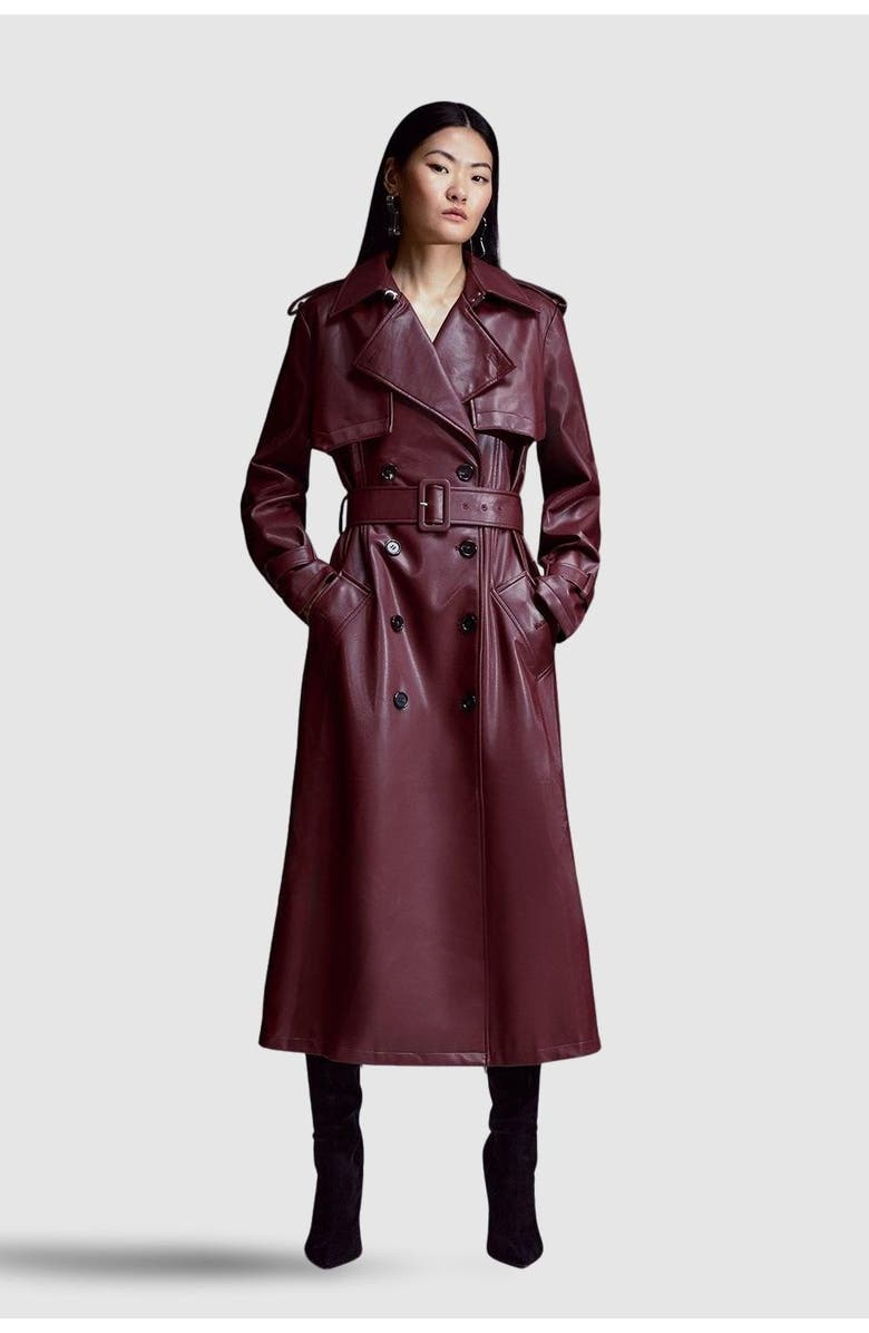 Karen Millen Tailored Faux Leather Belted Trench Coat, Main, color, Oxblood