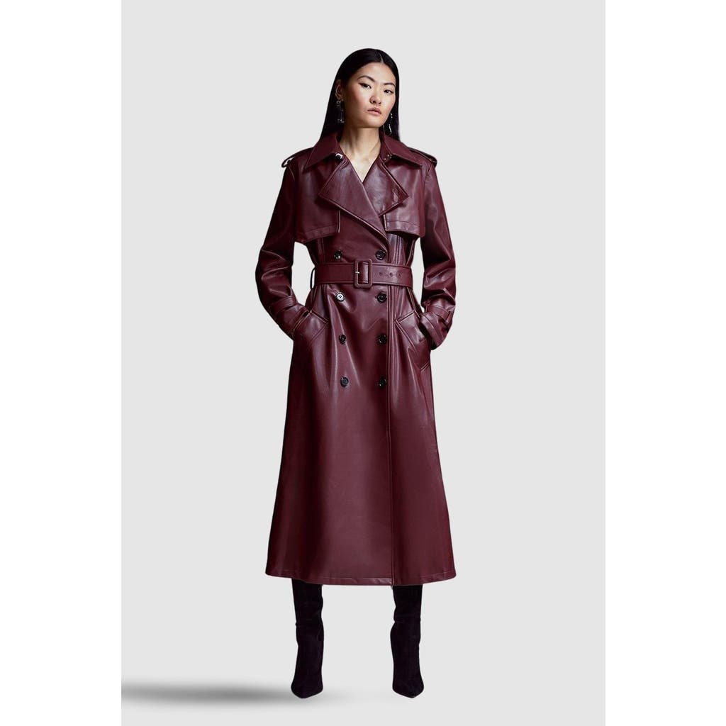 Karen Millen Tailored Faux Leather Belted Trench Coat In Brown