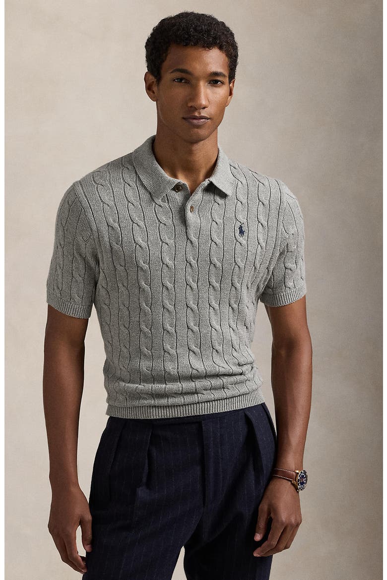 Roving Cotton Cable Knit Polo Sweater, Alternate, color, FAWN GREY HEATHER