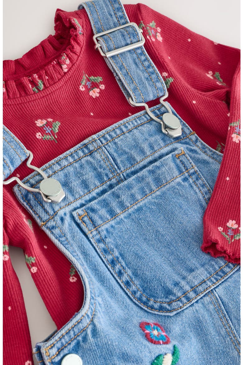 Kids' Long Sleeve Top & Embroidered Denim Overalls Set, Alternate, color, BLUE