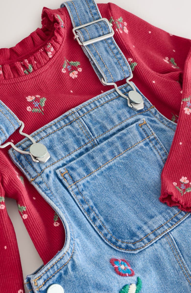 NEXT Kids' Long Sleeve Top & Embroidered Denim Overalls Set, Alternate, color, Blue