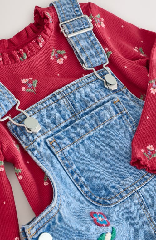 Next Kids' Long Sleeve Top & Embroidered Denim Overalls Set In Blue