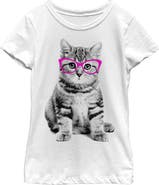 Lost Gods Girl's Lost Gods Fluffy Kitten in Pink Glasses  Graphic T-Shirt