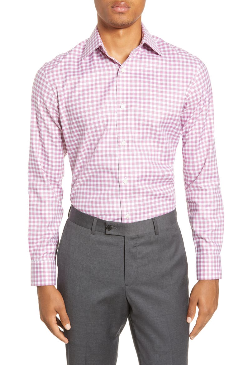 Trim Fit Check Dress Shirt, Main, color, TEXTURE ROUGE