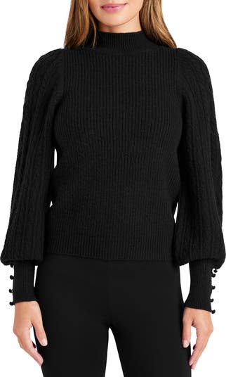 New Free good People Connie Black Balloon Sleeve Turtleneck Sweater Medium