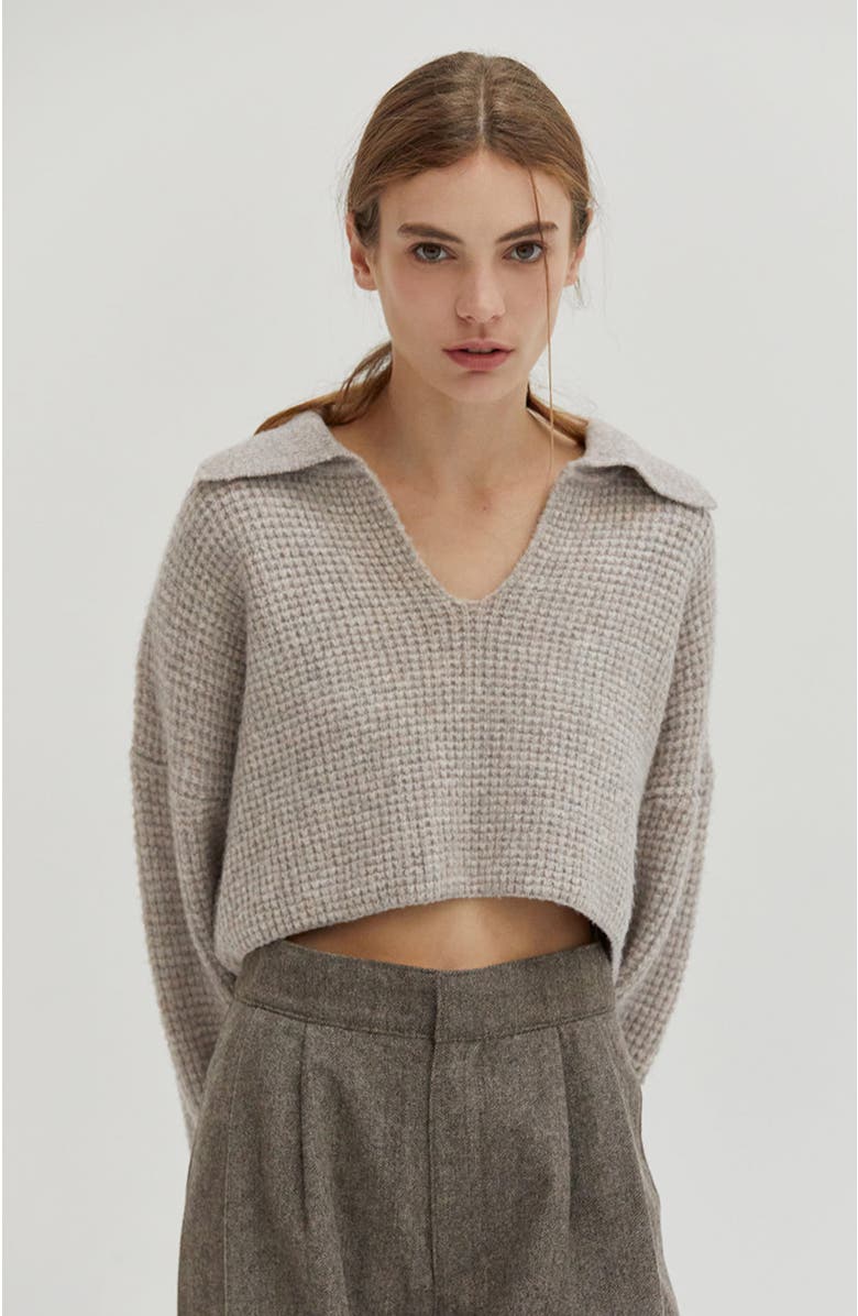 CRESCENT Waffle Polo Crop Sweater, Main, color, 