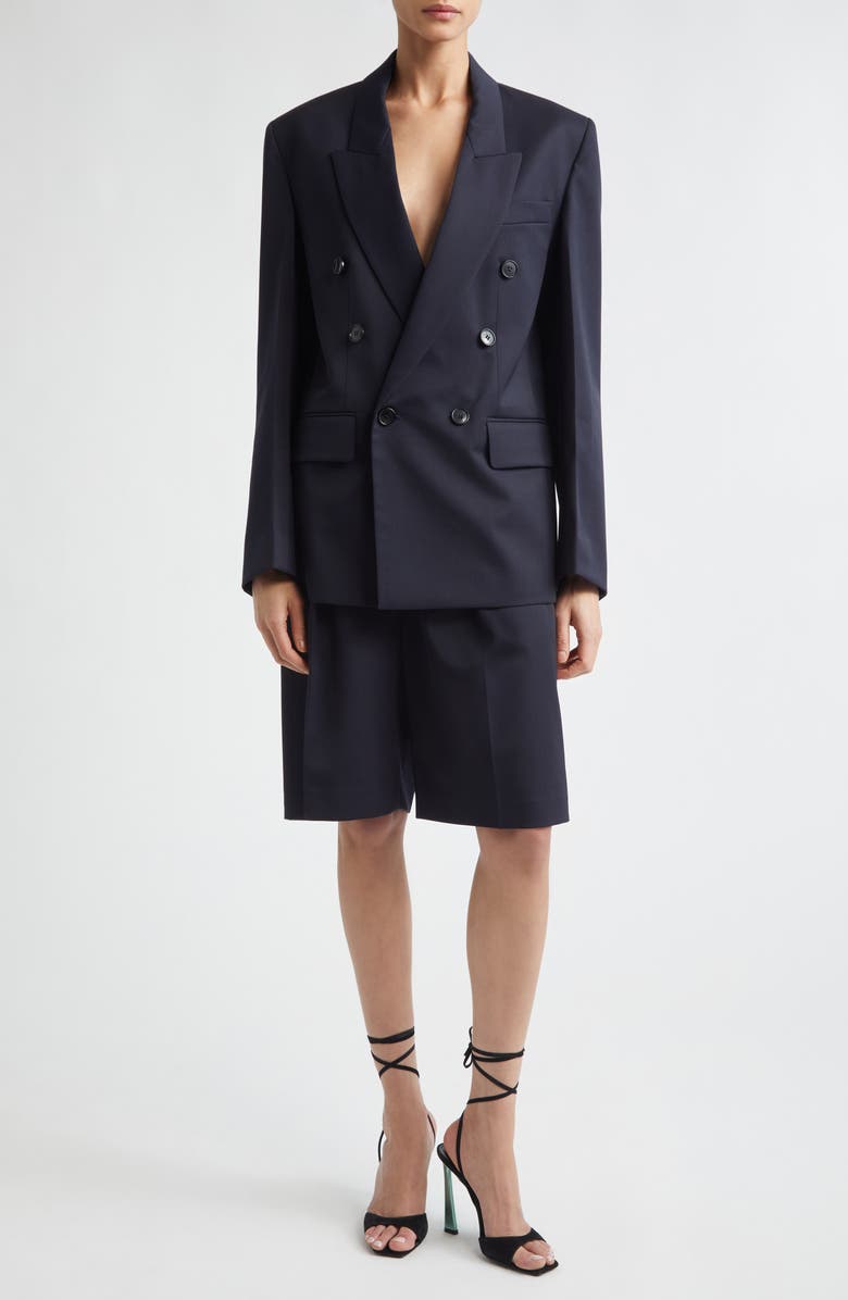 Victoria Beckham Tailored Double Breasted Check Wool Blend Jacket, Alternate, color, Navy
