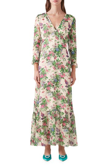 Lk Bennett Deborah Devore Long Sleeve Silk Blend Dress In White