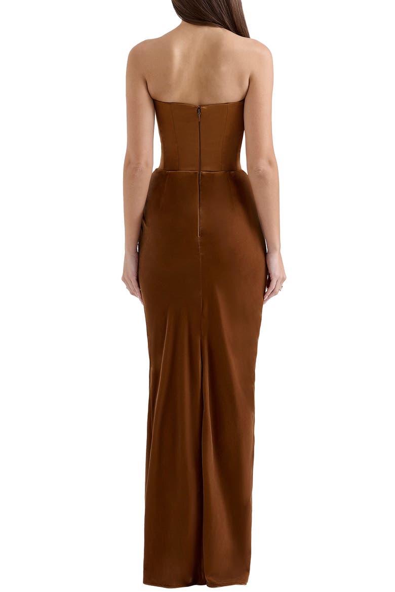 Persephone Strapless Corset Satin & Velvet Gown, Alternate, color, TOFFEE