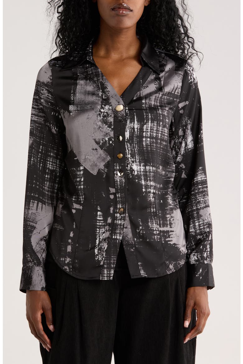 Print Button-Up Shirt, Main, color, BLACK