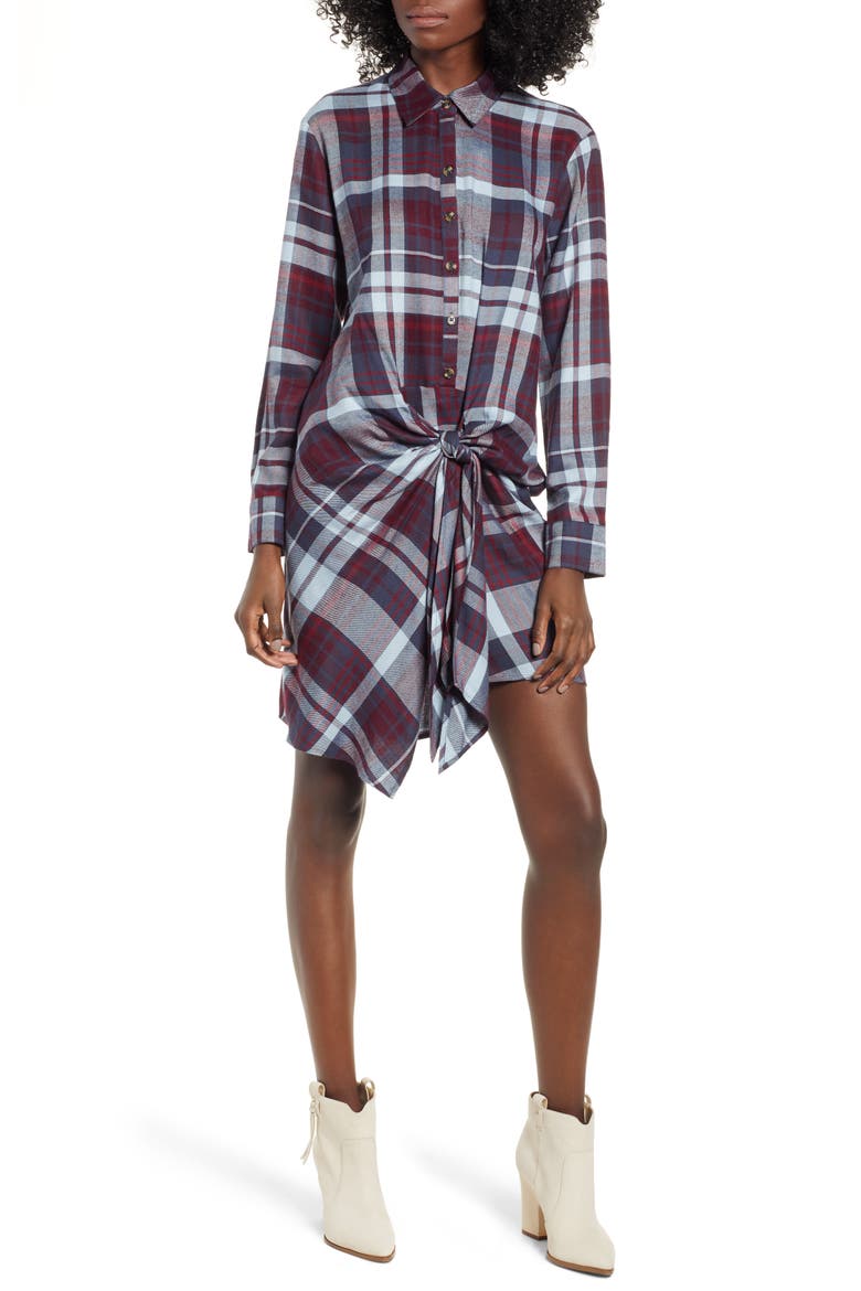 Plaid Tie Waist Shirtdress, Main, color, WINE/ BLUE