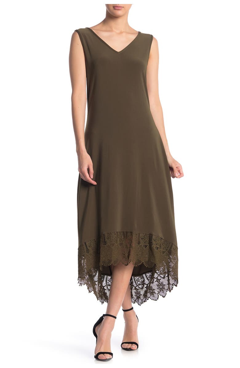 Nina Leonard V-Neck Sleeveless Lace Hem High/Low Dress, Main, color, Dark Olive
