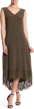Nina Leonard V-Neck Sleeveless Lace Hem High/Low Dress