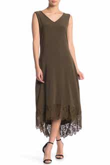 Nina Leonard V-Neck Sleeveless Lace Hem High/Low Dress