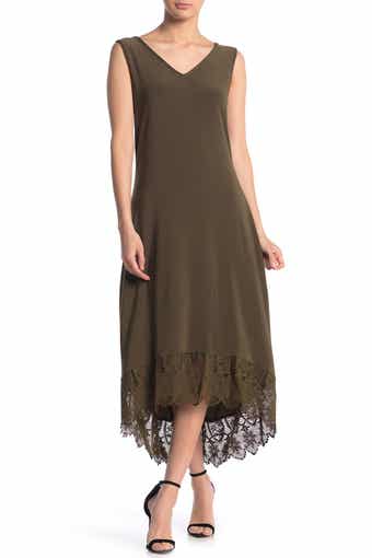 Nina Leonard V-Neck Sleeveless Lace Hem High/Low Dress