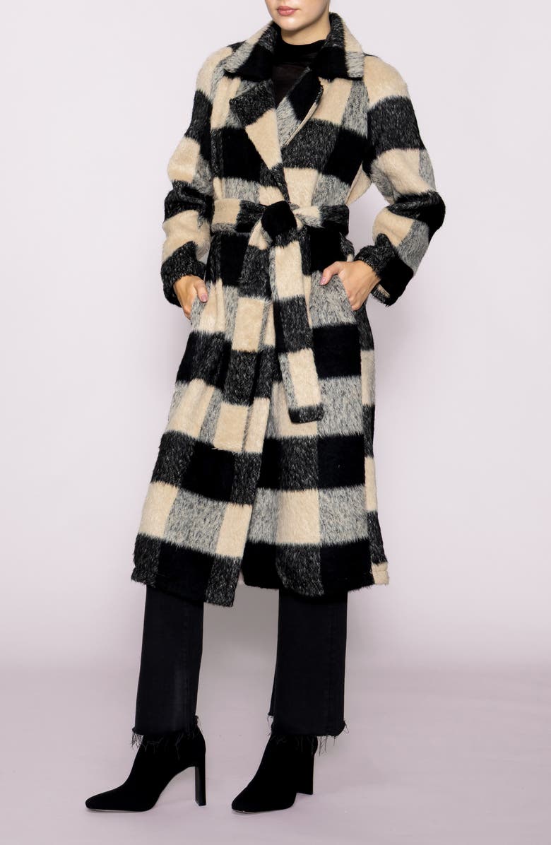 MELLODAY Buffalo Plaid Fuzzy Trench Coat, Alternate, color, Taupe Black Buffalo