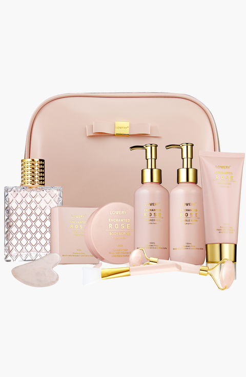 Luxury Enchanted Rose Bath & Body Beauty Kit with Leather Bag, Jade Roller & More