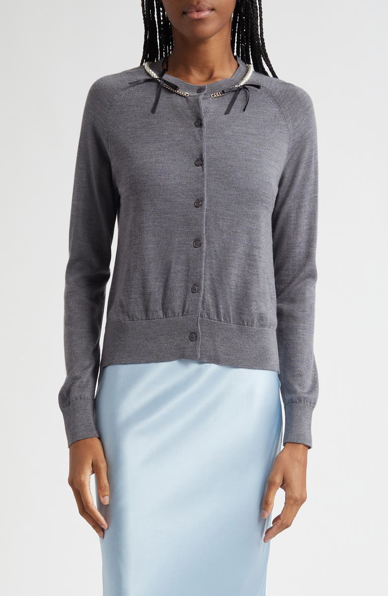 Simone Rocha Classic Long Sleeve Merino Wool & Silk Cardigan with Faux Pearl Detail, Main, color, Charcoal/ Pearl