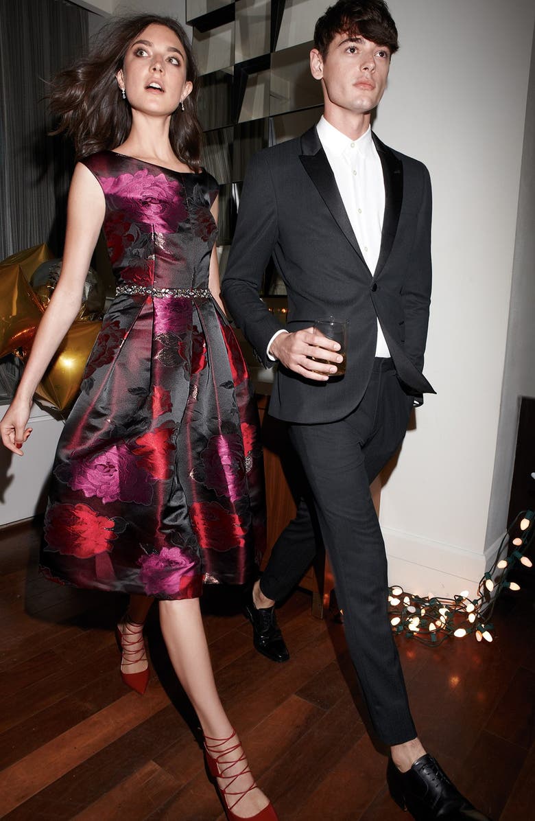 Eliza J Embellished Metallic Jacquard Fit & Flare Dress, Alternate, color,