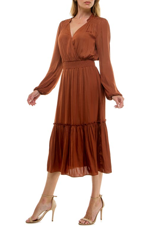Socialite Long Sleeve Tiered Midi Dress In Brown