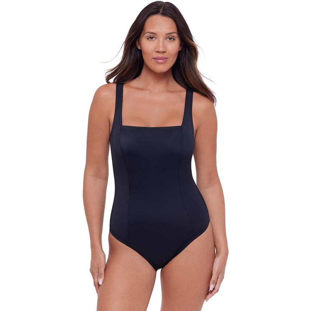 S3 Square Neck Lace-up Back One Piece Swimsuit In Onyx Black