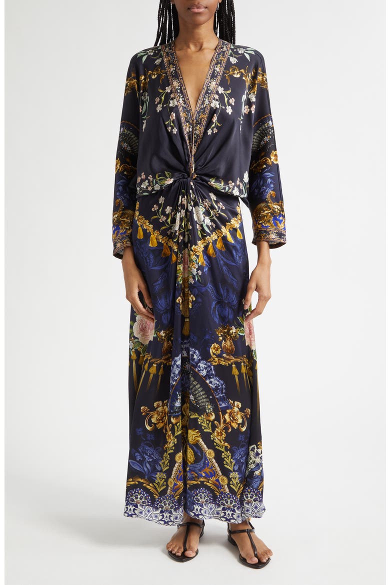 Twist Front Batwing Long Sleeve Silk Maxi Dress, Main, color, NOTES FROM THE BLUE ROOM