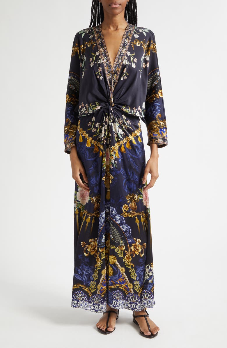 Camilla Twist Front Batwing Long Sleeve Silk Maxi Dress, Main, color, Notes From The Blue Room