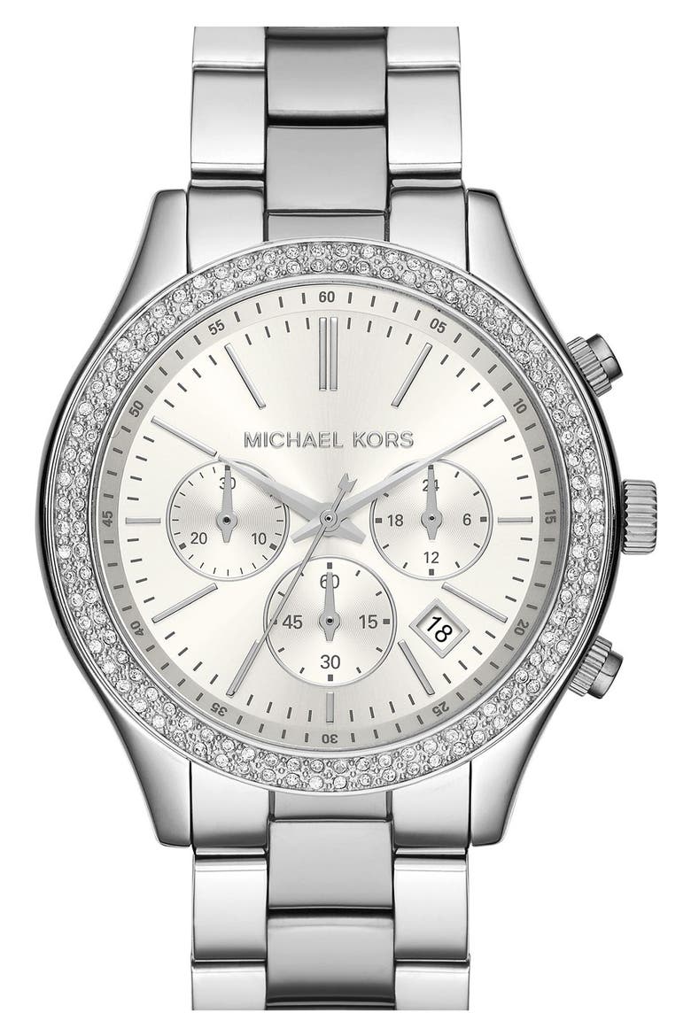 Michael Kors 'Slim Runway' Crystal Bezel Chronograph Bracelet Watch, 42mm (Nordstrom Exclusive), Main, color, SILVER