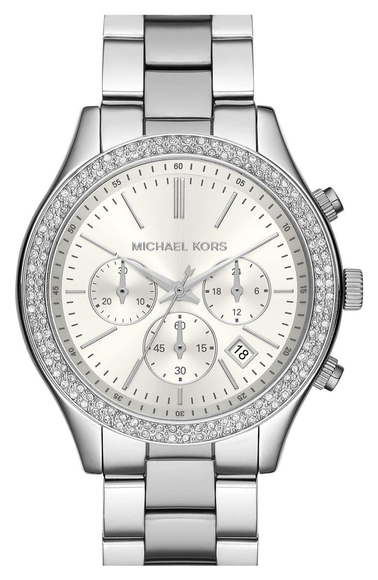 MICHAEL Michael Kors Michael Kors 'Slim Runway' Crystal Bezel Chronograph Bracelet Watch, 42mm, Main, color, 