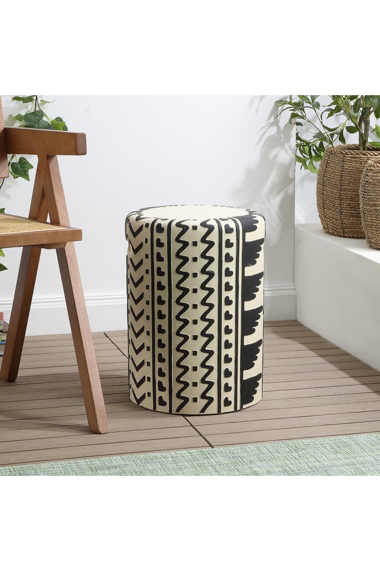 Yoli Bohemian Geometric Concrete Outdoor Garden Stool with Handles, Weatherproof Drum Accent Side Table for Patio & Deck, Alternate, color, Black/Cream