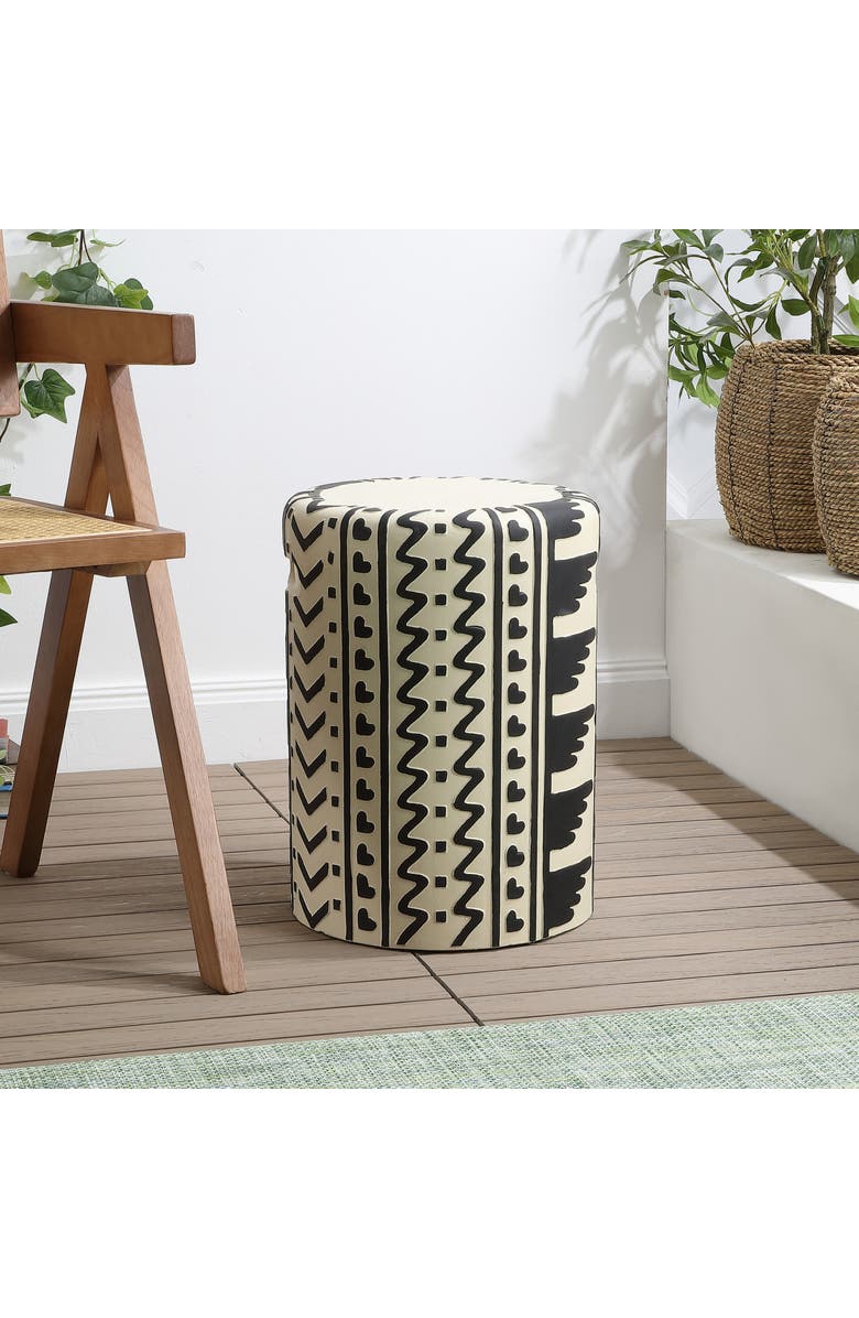 JONATHAN Y Yoli 18" MidCentury Modern Geometric Drum Garden Stool, Alternate, color, Black/Cream
