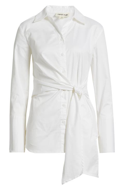 Waist Tie Cotton Poplin Button-Up Shirt