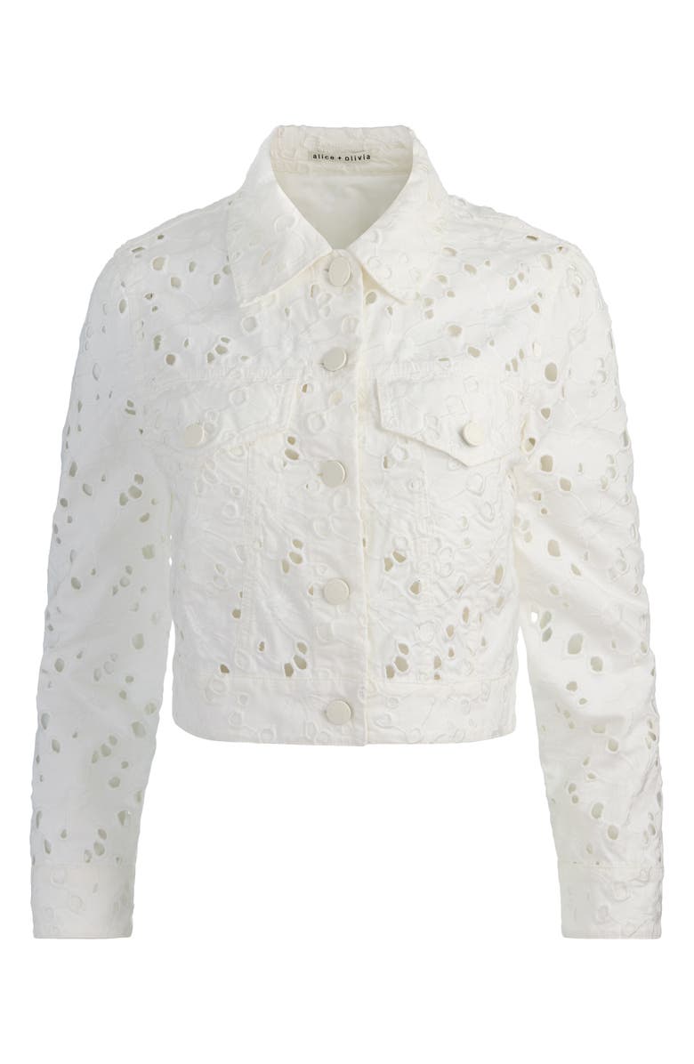 Alice + Olivia Chloe Eyelet Embroidered Denim Jacket, Alternate, color, Off White