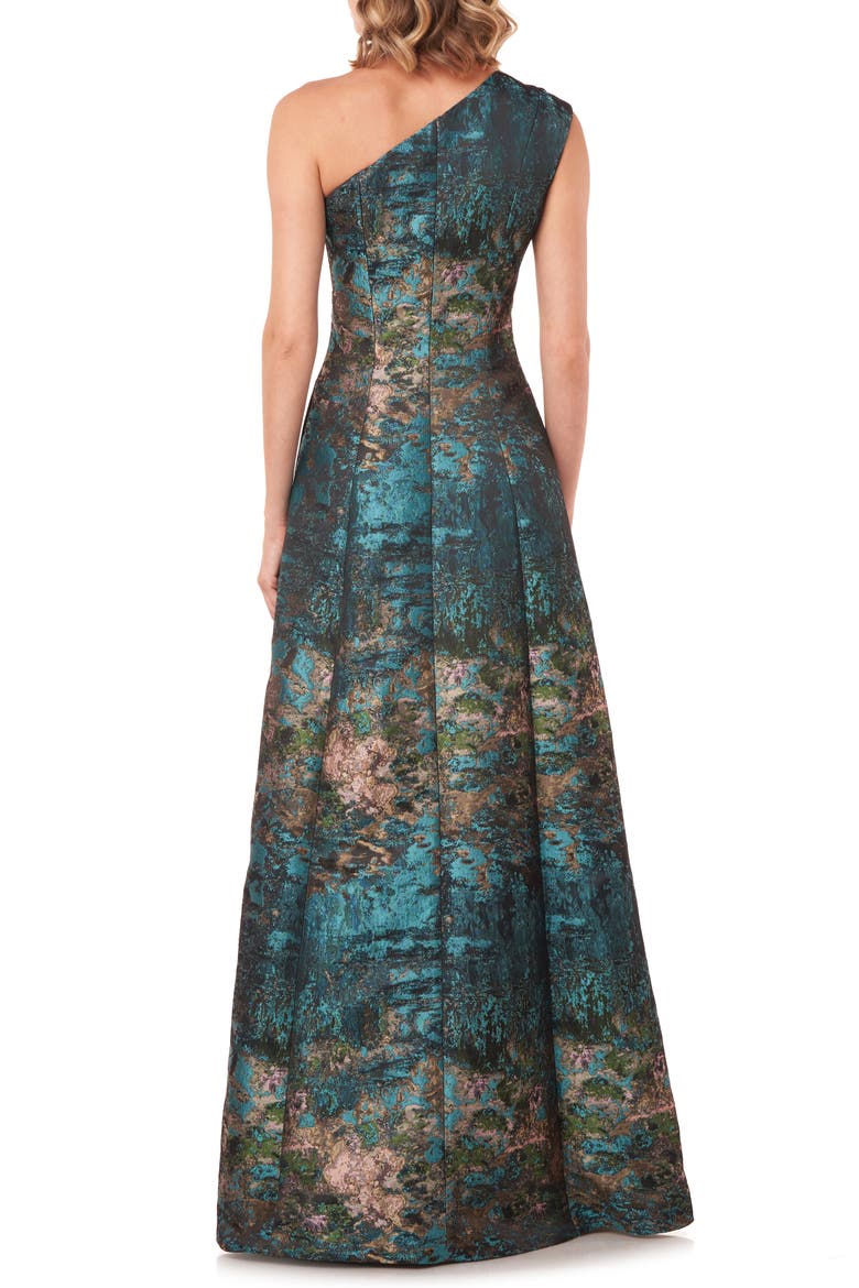 Cara Metallic Jacquard One-Shoulder Gown, Alternate, color, TEAL MULTI