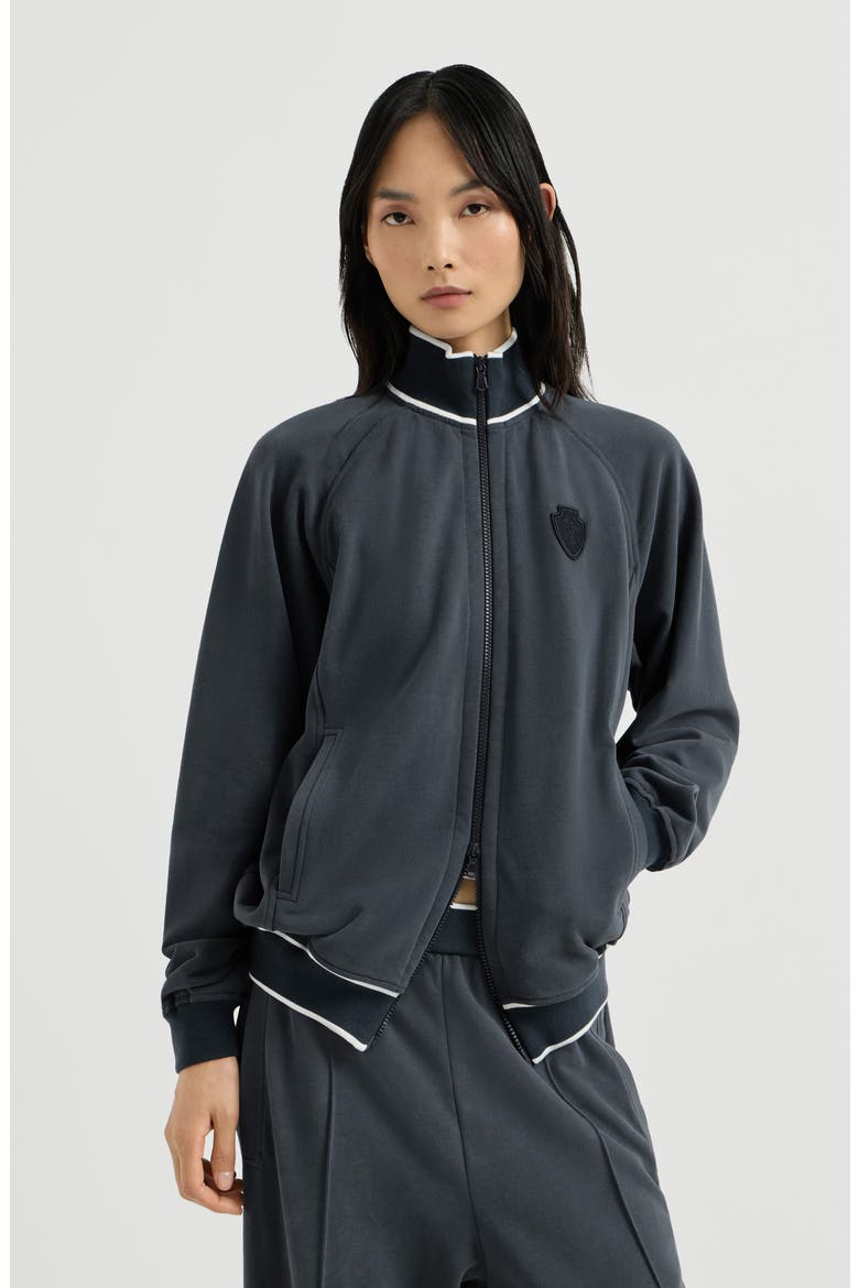 Cotton smooth French terry sweatshirt with zip and logo, Main, color, Navy Blue