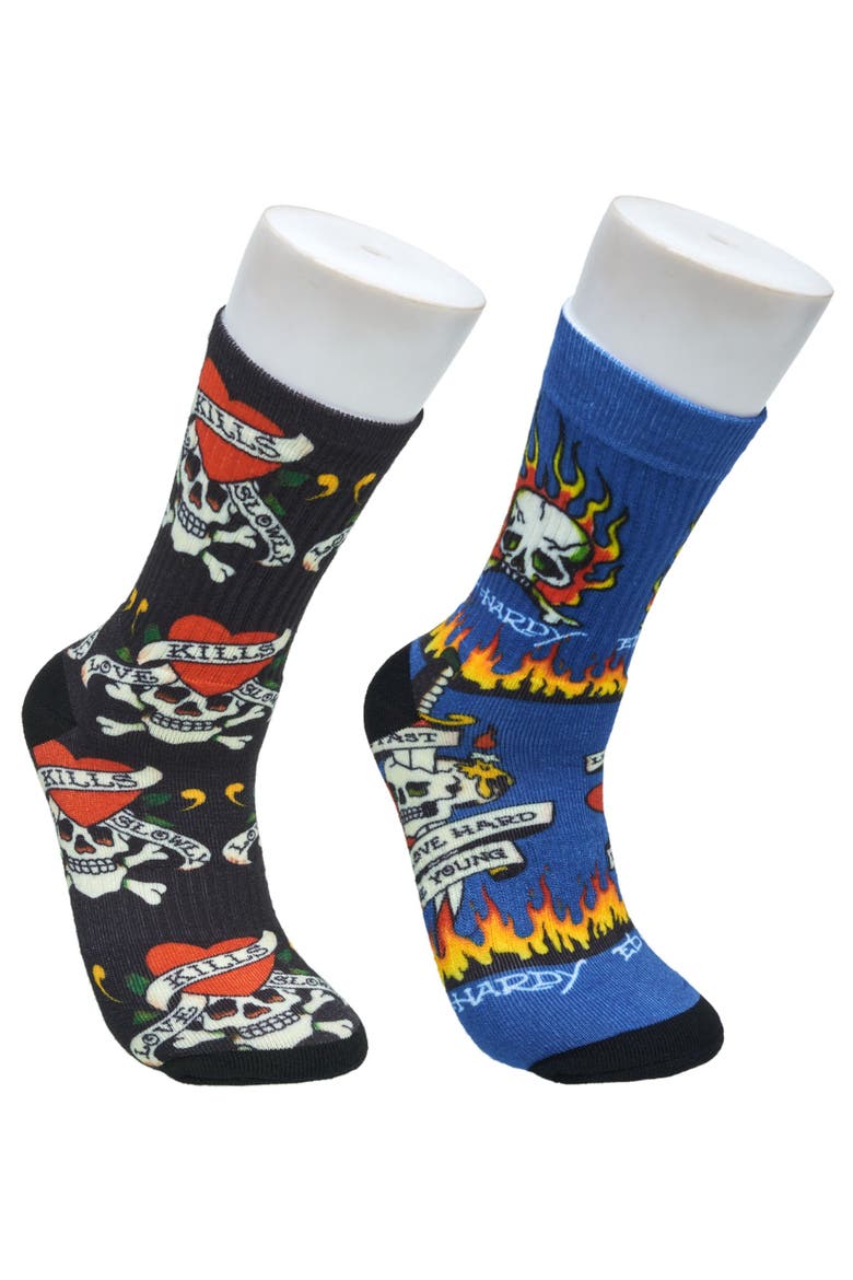 Flaming Skull 360 Print Full Cushion Crew Sock 2-Pack, Main, color, Blue
