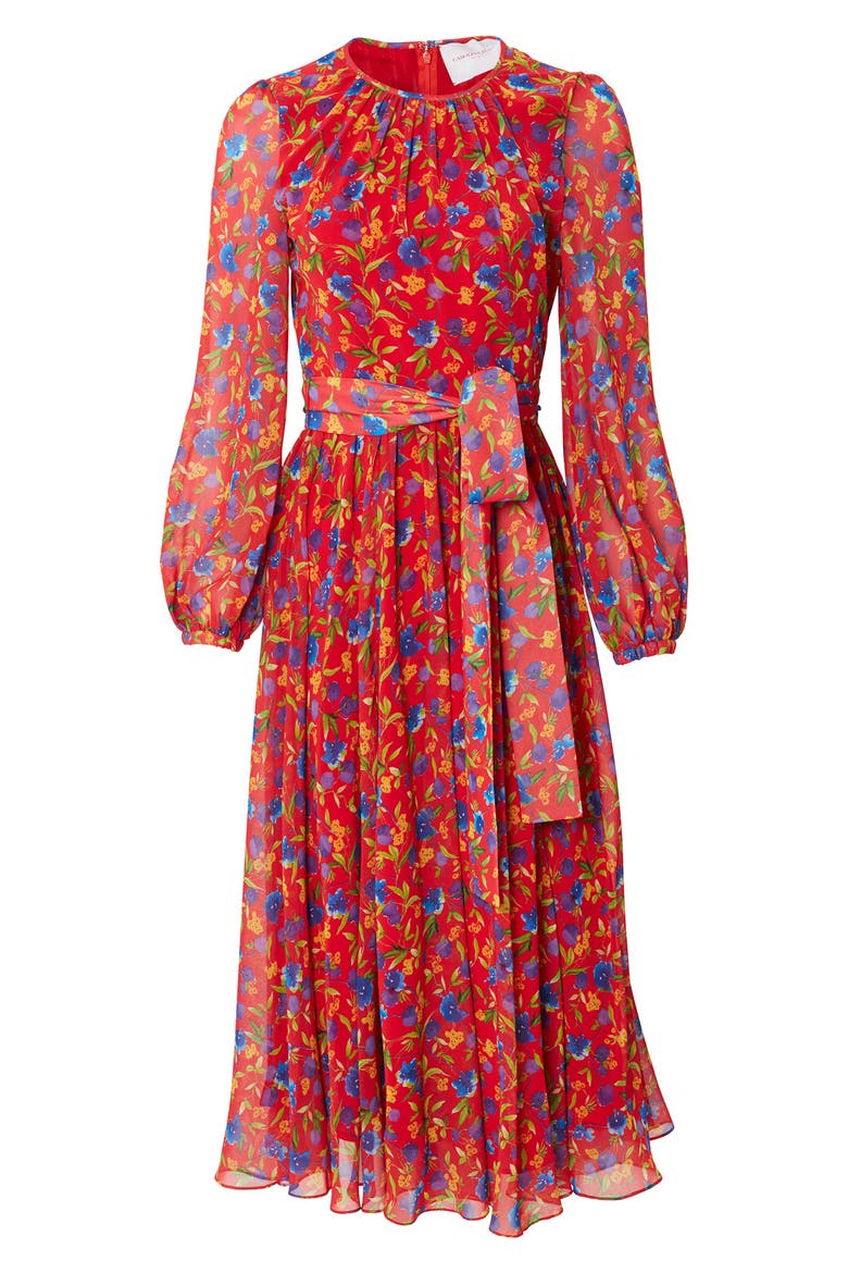 Floral Print Long Sleeve Chiffon Dress, Alternate, color, LACQUER RED