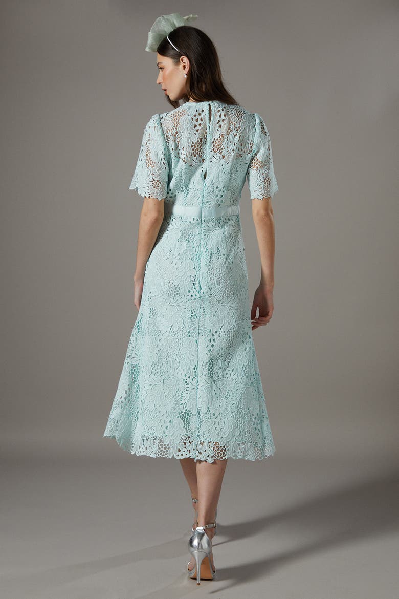 lace dress with ribbon belt Lace Trim White Dress With Ribbon Belt