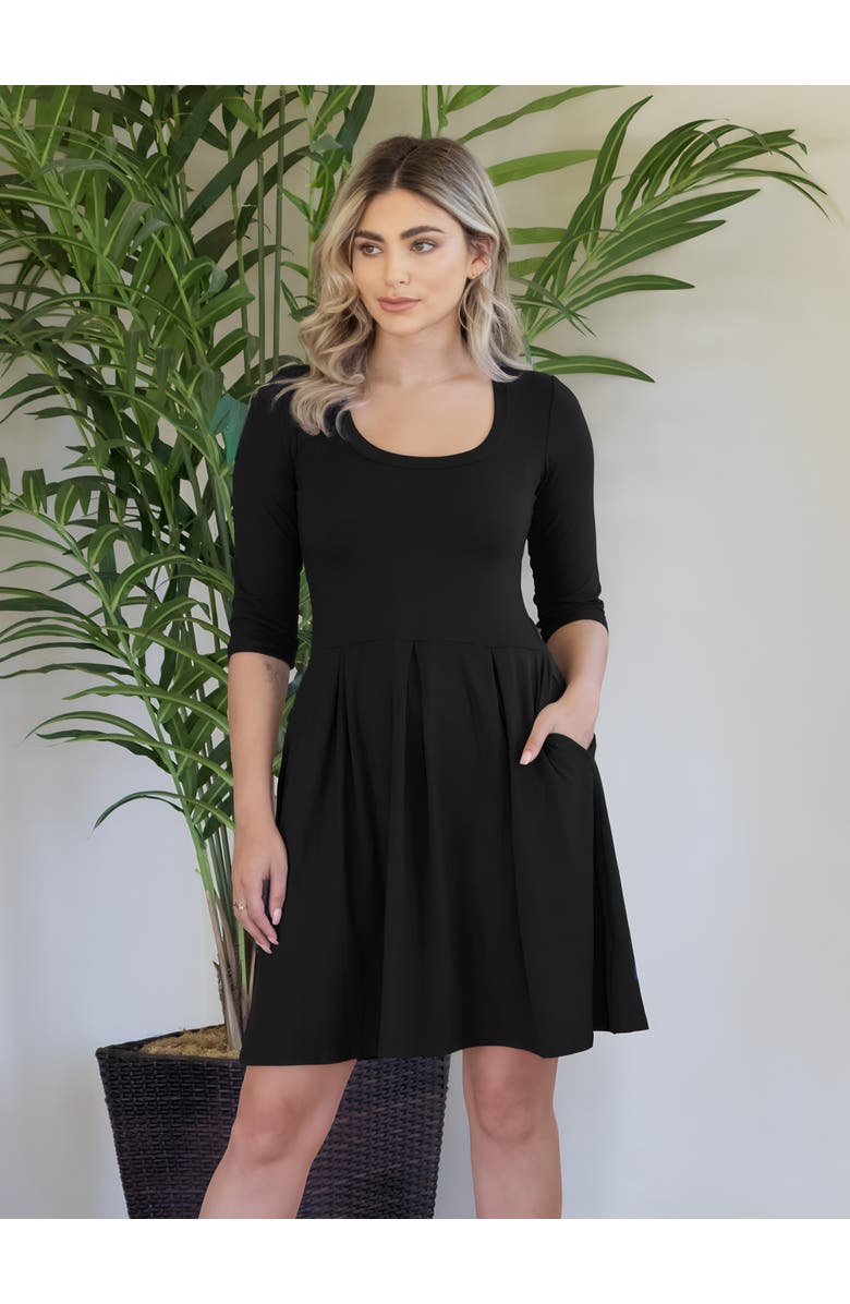 24seven Comfort Apparel Three Quarter Sleeve Fit and Flare Mini Dress, Alternate, color, Black